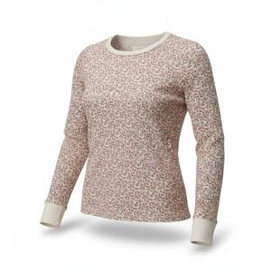 American Eagle Women Cream Floral Waffle Knit Thermal Long Sleeve Top Size Med